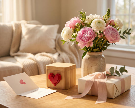 Mother’s Day gift with flowers, card, and a wrapped present on a table