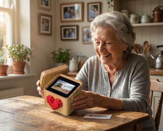 Grandparent opening a connected message box on a table, smiling at a new message