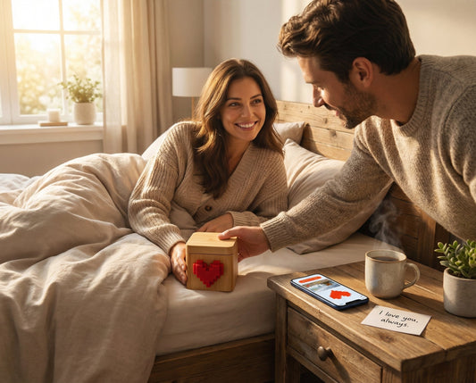 Couple placing a Lovebox on a nightstand to share daily messages