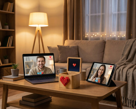 Couple on video call with a wooden message box on a table connecting them