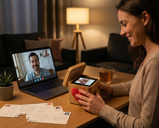 Person opening a Lovebox with a spinning heart, evening light