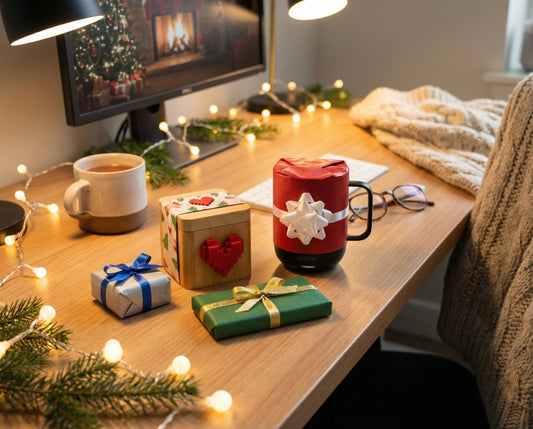 wrapped tech gift ideas on an office desk including a message box and power bank